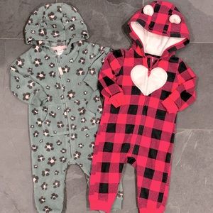 (2) Carter’s Baby Girls Hooded Fleece Jumpsuit - Leopard & Pink Buffalo Plaid